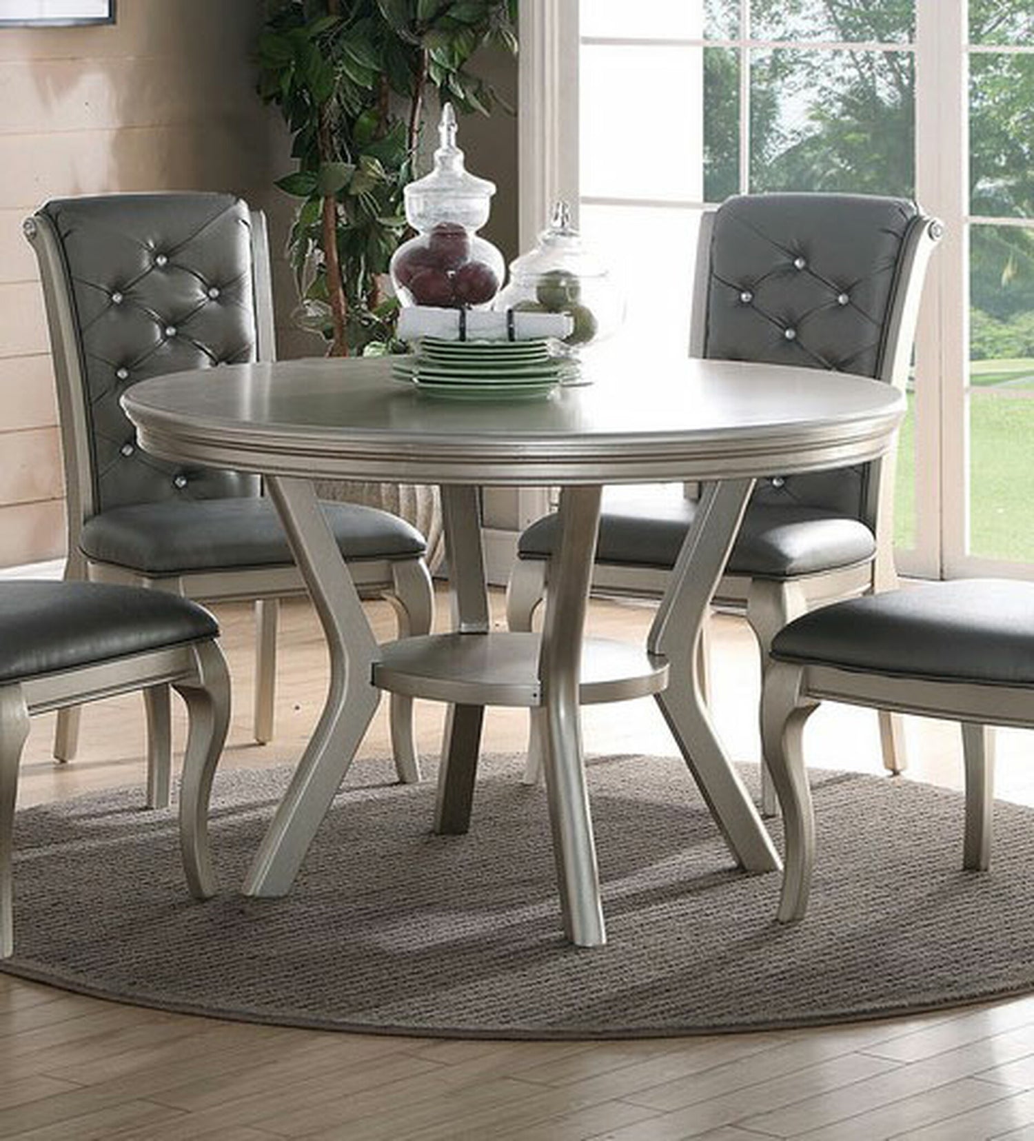 Formal Traditional Dining Table Round Table Silver Hue 5pc Dining Table w Shelf 4x Side Chairs Tufted Back Dining Room Furniture - Home Elegance USA