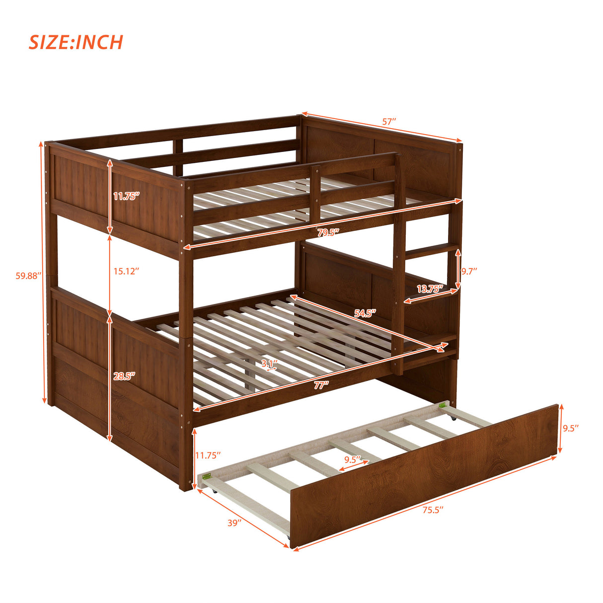 Full Over Full Bunk Bed with Twin Size Trundle, Walnut ( old sku: LP000250AAL) - Home Elegance USA