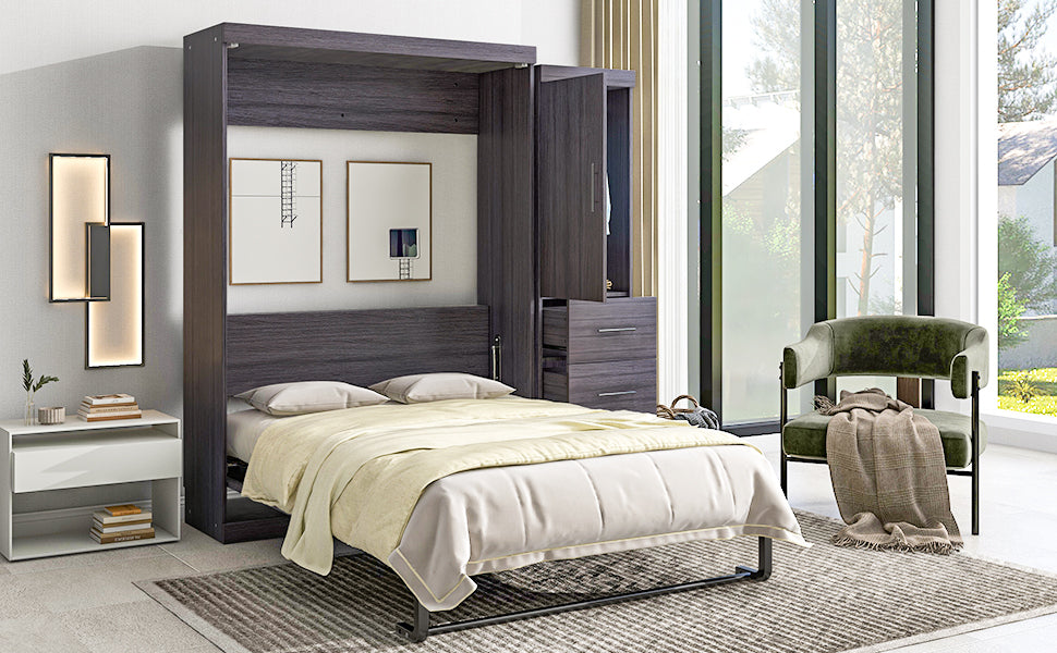 Full Size Murphy Bed with Wardrobe and Drawers, Storage Bed, can be Folded into a Cabinet, Gray - Home Elegance USA