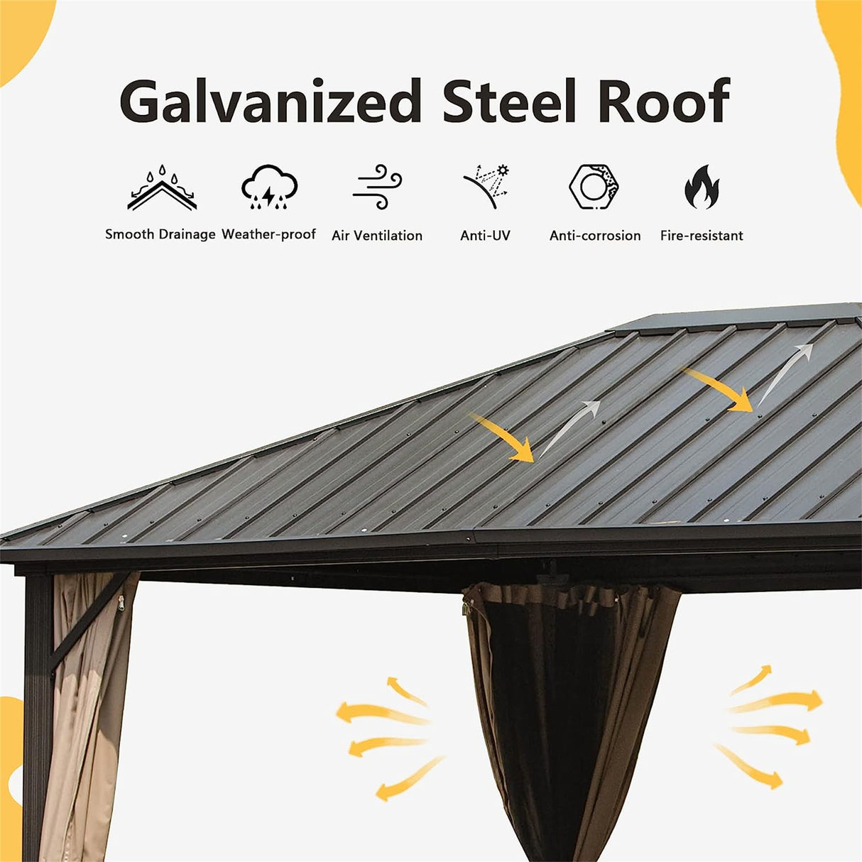 Dark Brown 10'x12' Outdoor Steel Roof Gazebo: Aluminum Frame, Netting & Curtains - Perfect for Garden, Patios, Lawns, Parties | Home Elegance USA