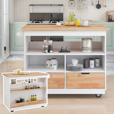 Kitchen Cart Rolling Mobile Kitchen Island Solid Wood Top, Kitchen Cart With 2 Drawers,Tableware Cabinet（White） - Home Elegance USA
