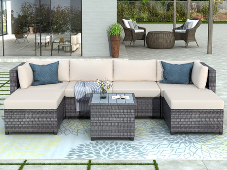 U_Style 7 Piece Rattan Sectional Seating Group with Cushions, Outdoor Ratten Sofa NEW!（As same as WY000272AAA）