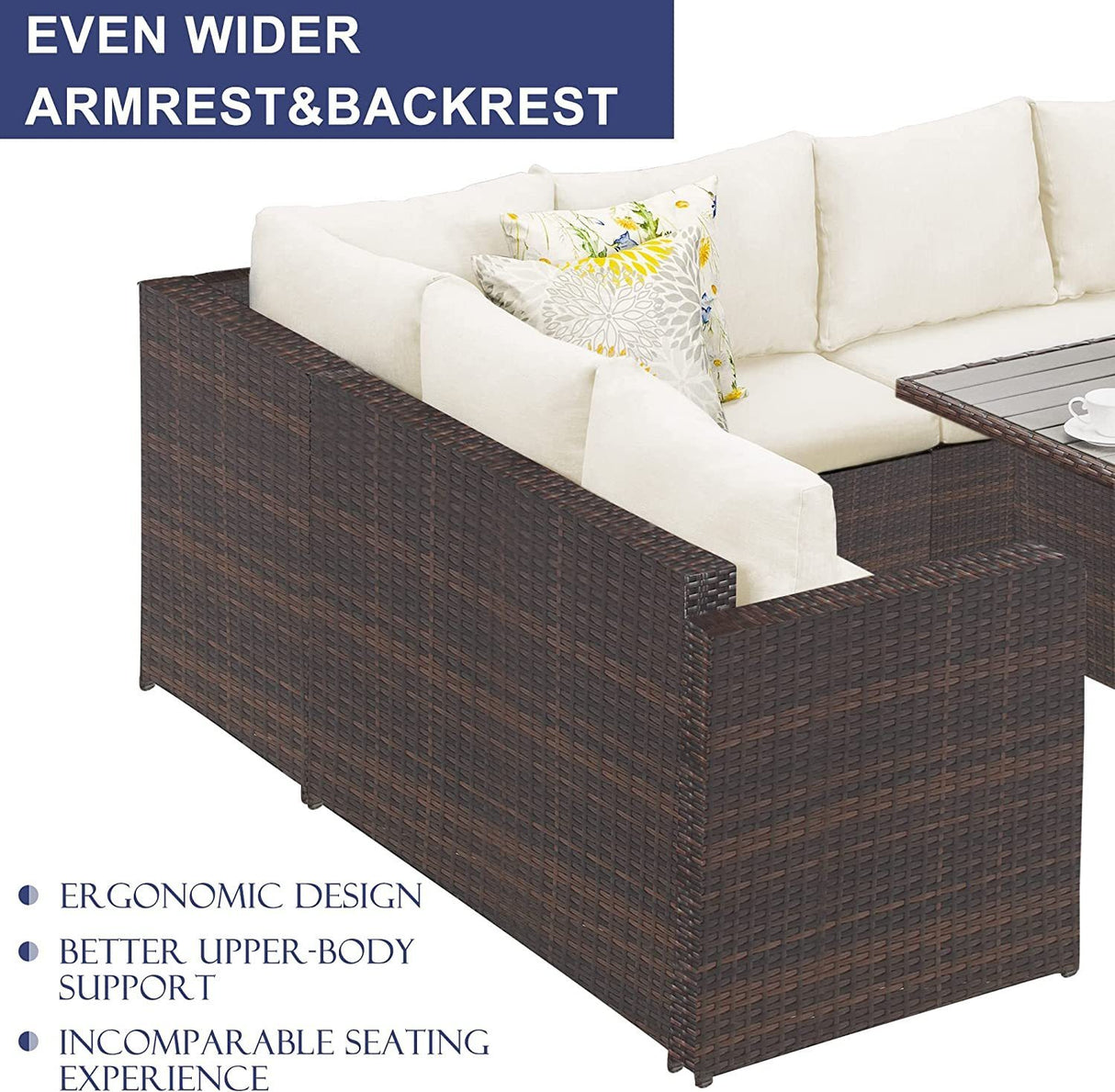 7 - Pieces PE Rattan Wicker Patio Dining Sectional Cusions Sofa Set with Ivory cushions | Home Elegance USA