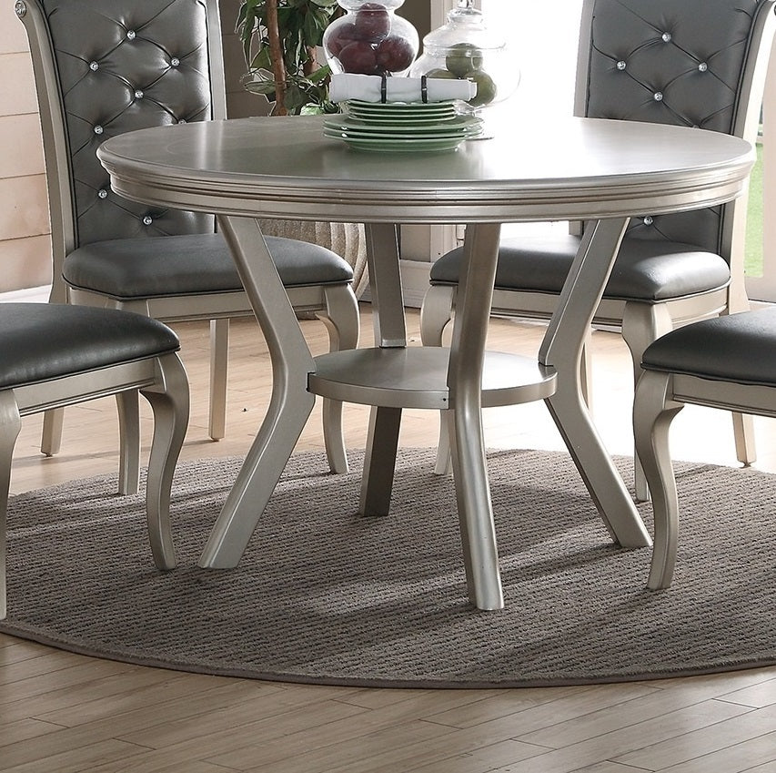 Formal Traditional Dining Table Round Table Silver Hue 5pc Dining Table w Shelf 4x Side Chairs Tufted Back Dining Room Furniture - Home Elegance USA