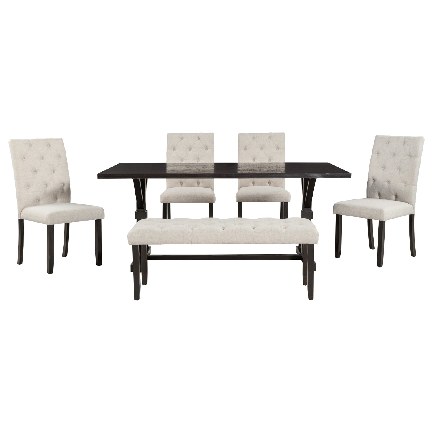 TREXM 6-Piece Farmhouse Dining Table Set 72" Wood Rectangular Table, 4 Upholstered Chairs with Bench (Espresso) - Home Elegance USA