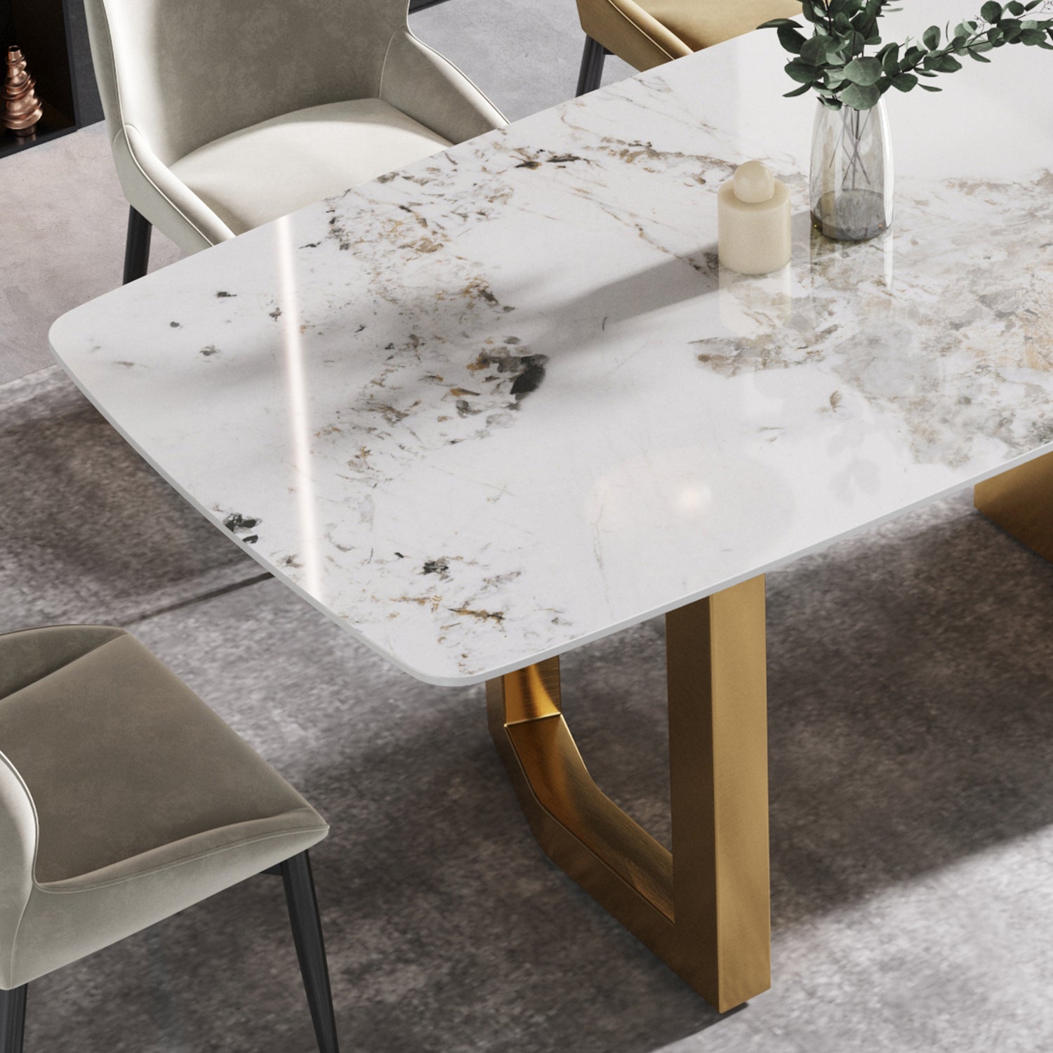 63"Modern artificial stone pandora white curved golden metal leg dining table - 6 people | Home Elegance USA