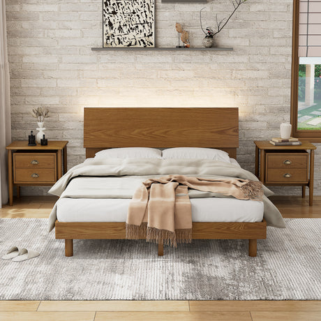 3 Pieces Bedroom Sets Mid Century Platform Queen Bed with Bookshelf and Led Lights and USB Port with two nightstands - Home Elegance USA