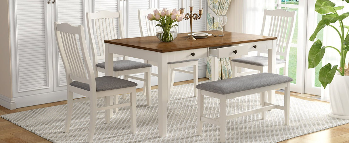 TOPMAX Mid-Century 6-Piece Wood Dining Table Set, Kitchen Table Set with Drawer, Upholstered Chairs and Bench, Butter Milk - Home Elegance USA