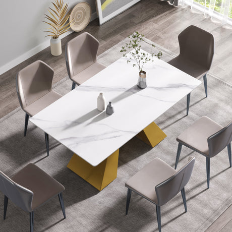 63"Modern artificial stone white straight edge golden metal leg dining table - 6 people | Home Elegance USA