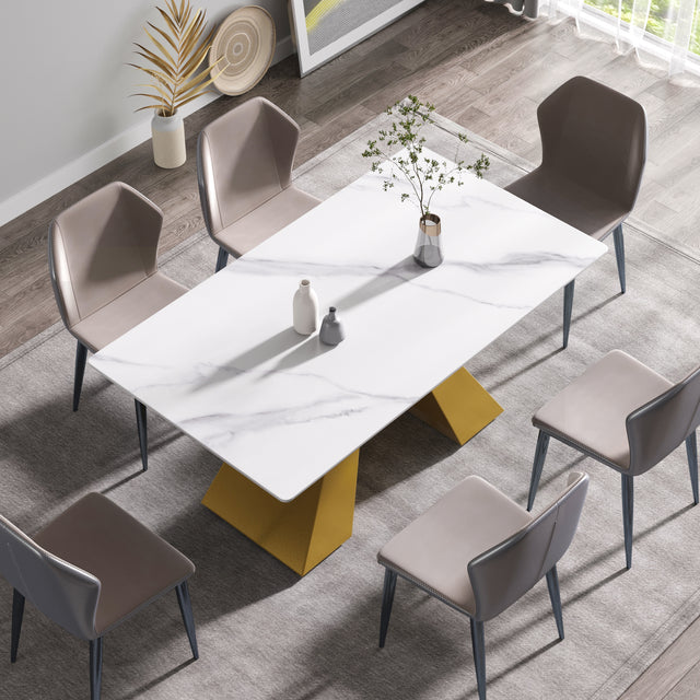 63"Modern artificial stone white straight edge golden metal leg dining table - 6 people | Home Elegance USA