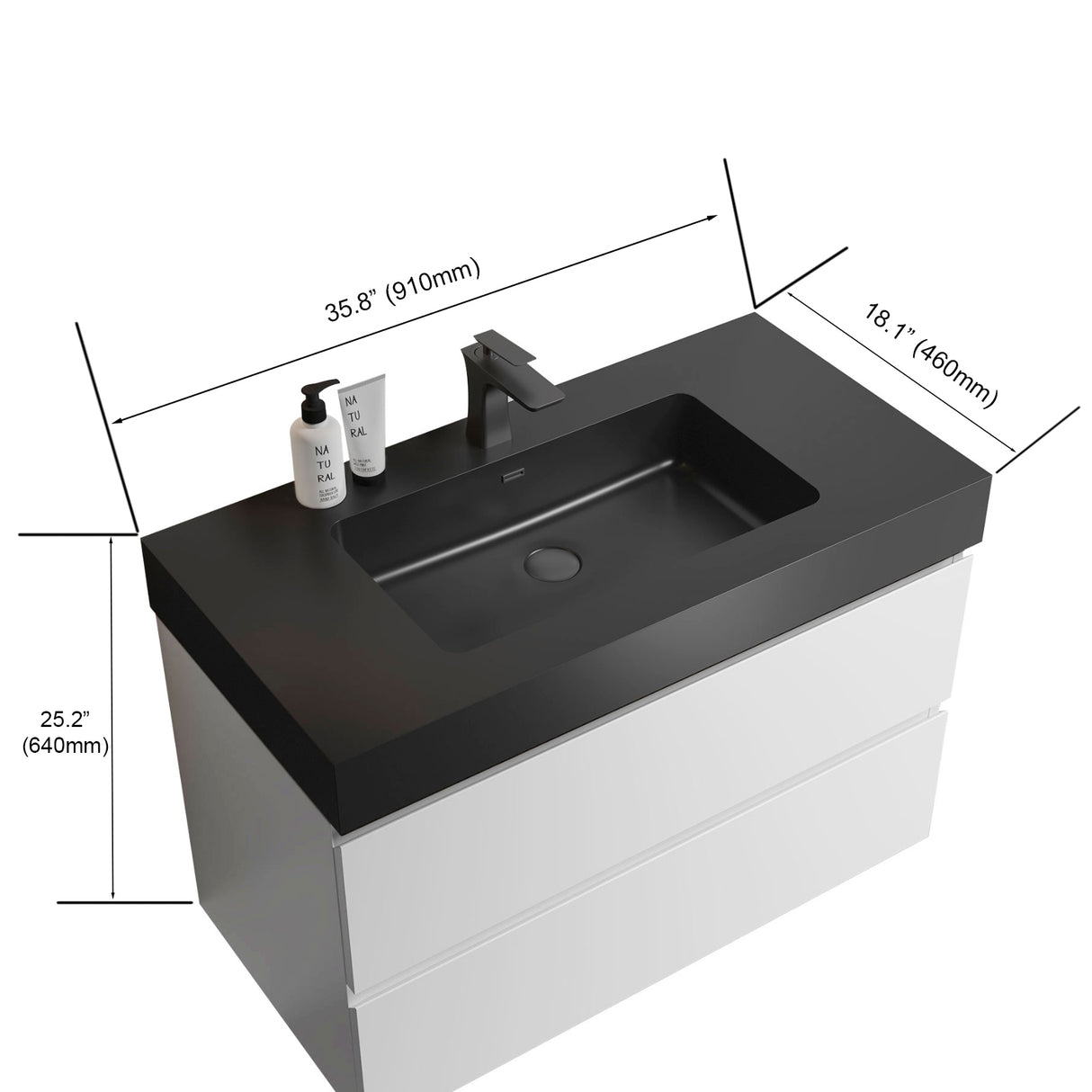 Alice 36" White Bathroom Vanity with Sink, Large Storage Wall Mounted Floating Bathroom Vanity for Modern Bathroom, One - Piece Black Sink Basin without Drain and Faucet | Home Elegance USA