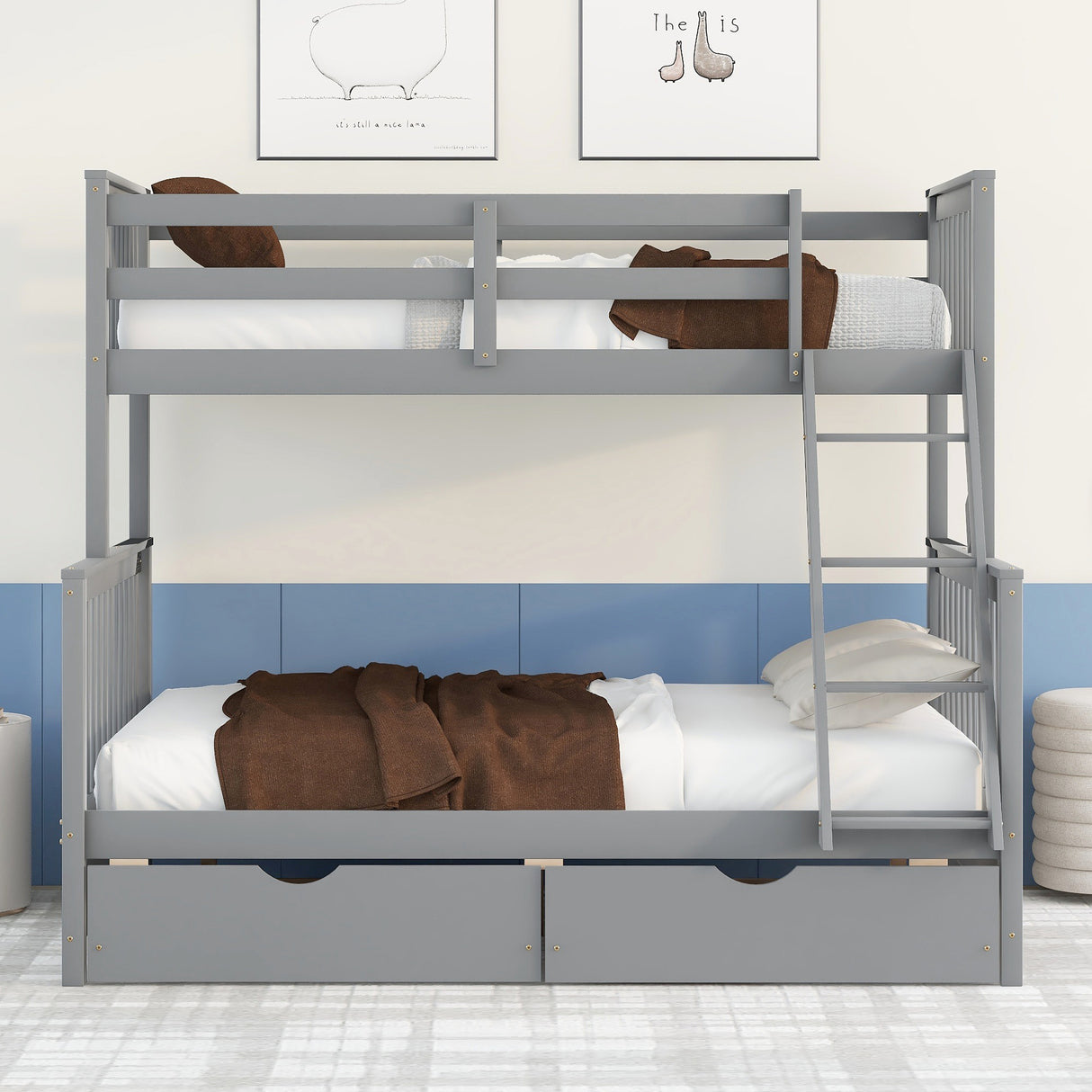 Twin-Over-Full Bunk Bed with Ladders and Two Storage Drawers(Gray)( old sku:LT000165AAE) - Home Elegance USA