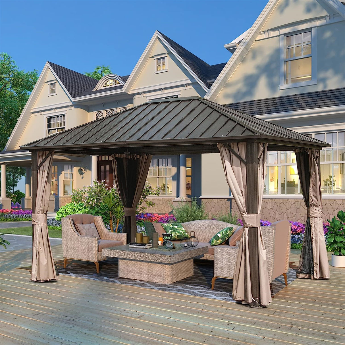 Dark Brown 10'x12' Outdoor Steel Roof Gazebo: Aluminum Frame, Netting & Curtains - Perfect for Garden, Patios, Lawns, Parties | Home Elegance USA