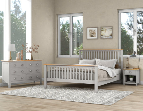 3 Pieces Country Gray with Oak Top Bedroom Sets, Queen Bed, Nightstand and Dresser