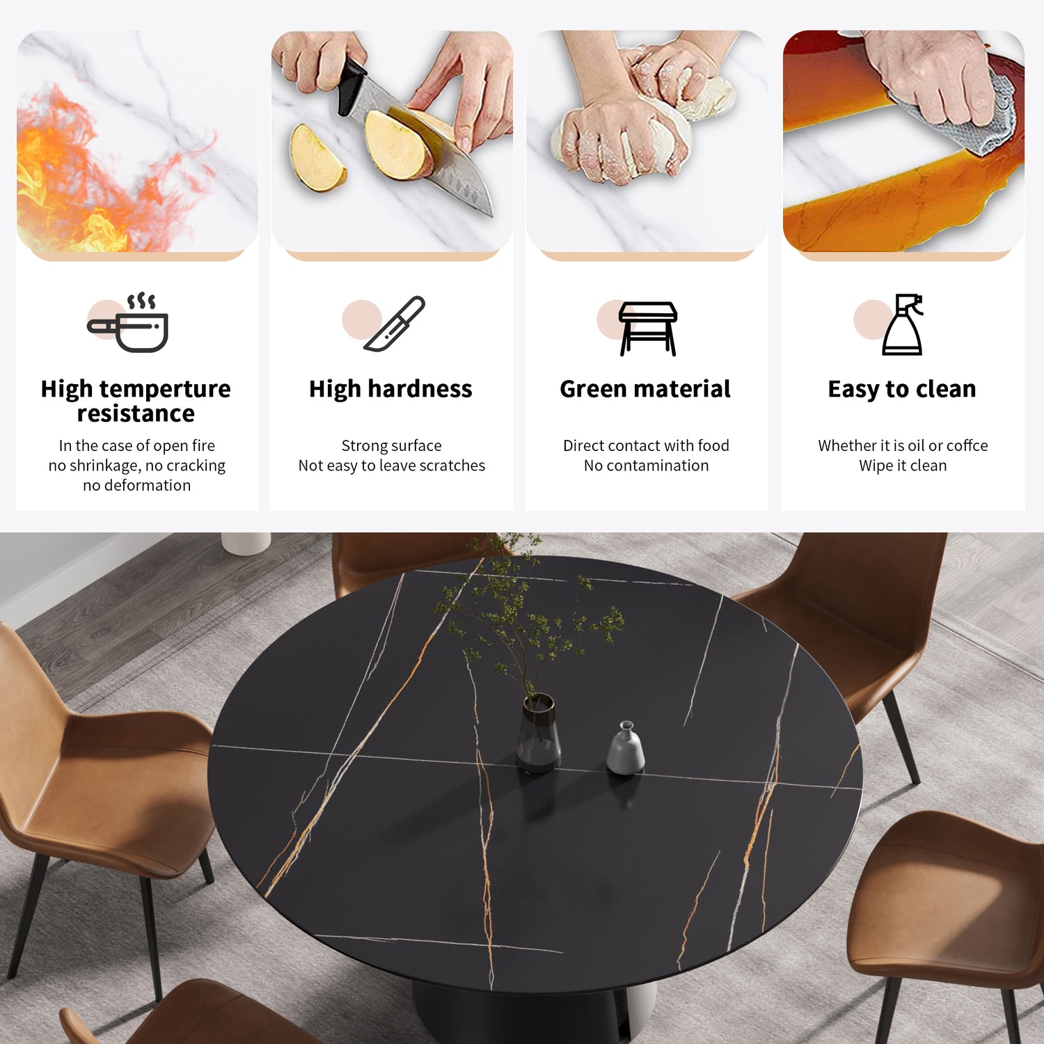 59.05"Modern artificial stone round black carbon steel base dining table - can accommodate 6 people | Home Elegance USA