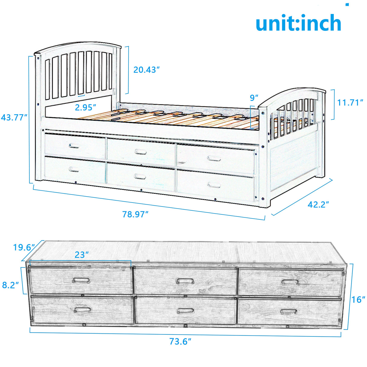 Orisfur. Twin Size Platform Storage Bed Solid Wood Bed with 6 Drawers - Home Elegance USA