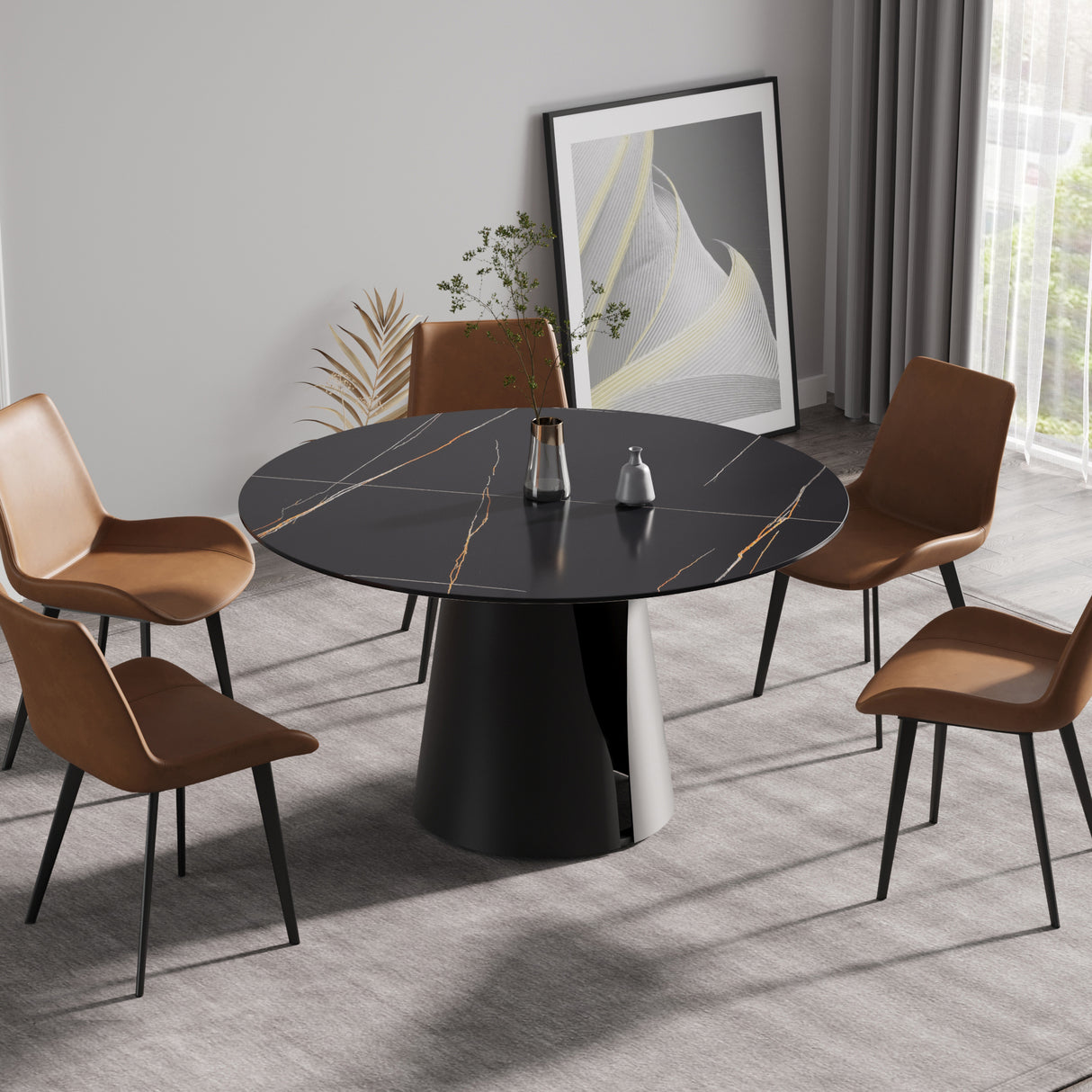 53.15"Modern artificial stone round black carbon steel base dining table - can accommodate 6 people | Home Elegance USA