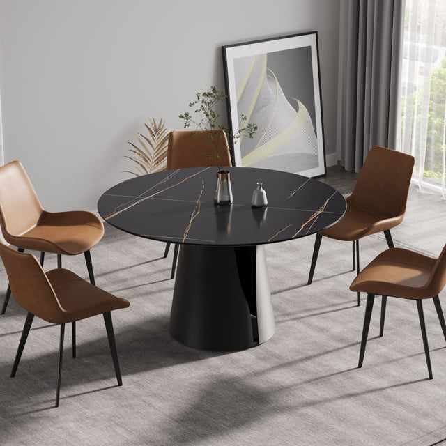 53.15"Modern artificial stone round black carbon steel base dining table - can accommodate 6 people | Home Elegance USA
