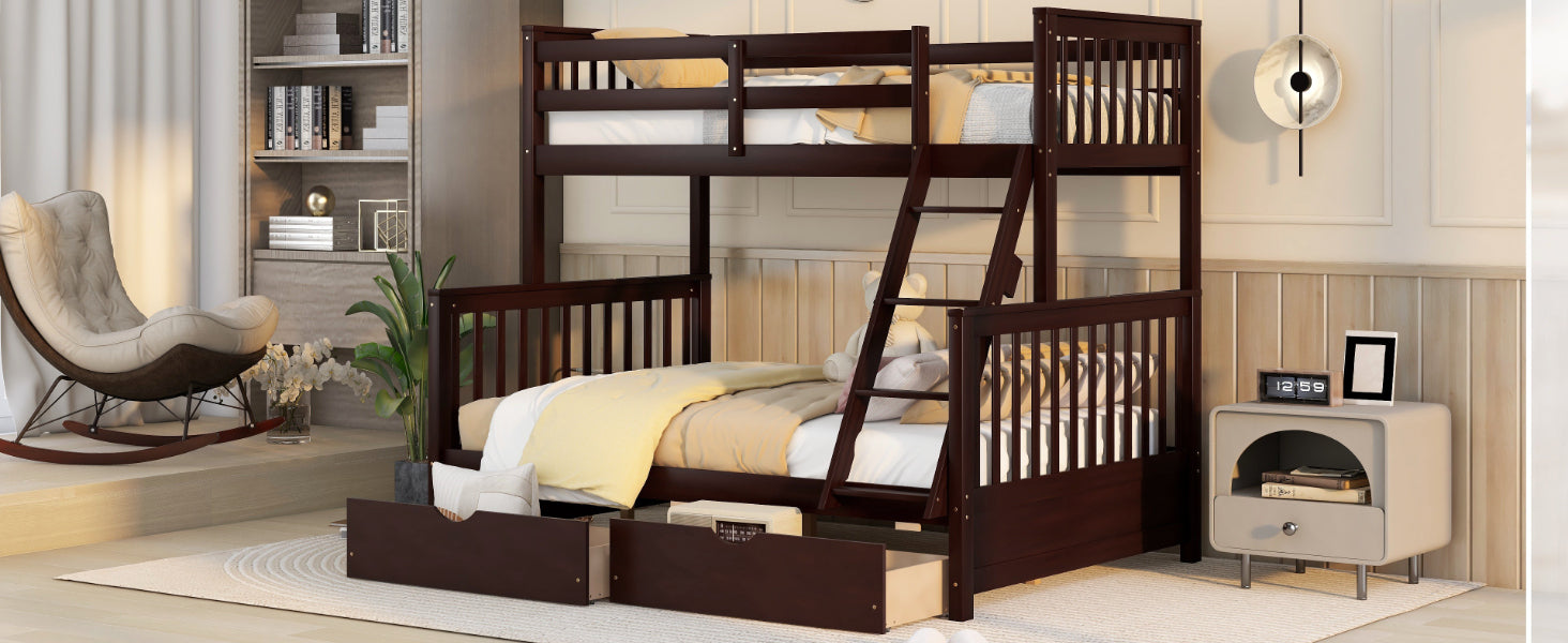 Twin-Over-Full Bunk Bed with Ladders and Two Storage Drawers(Espresso)( old sku:LT000165AAP) - Home Elegance USA