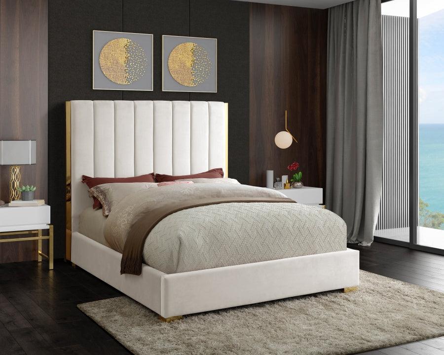 Becca Velvet Queen Bed In Cream - Beccacream - Q | Meridian | Home Elegance USA