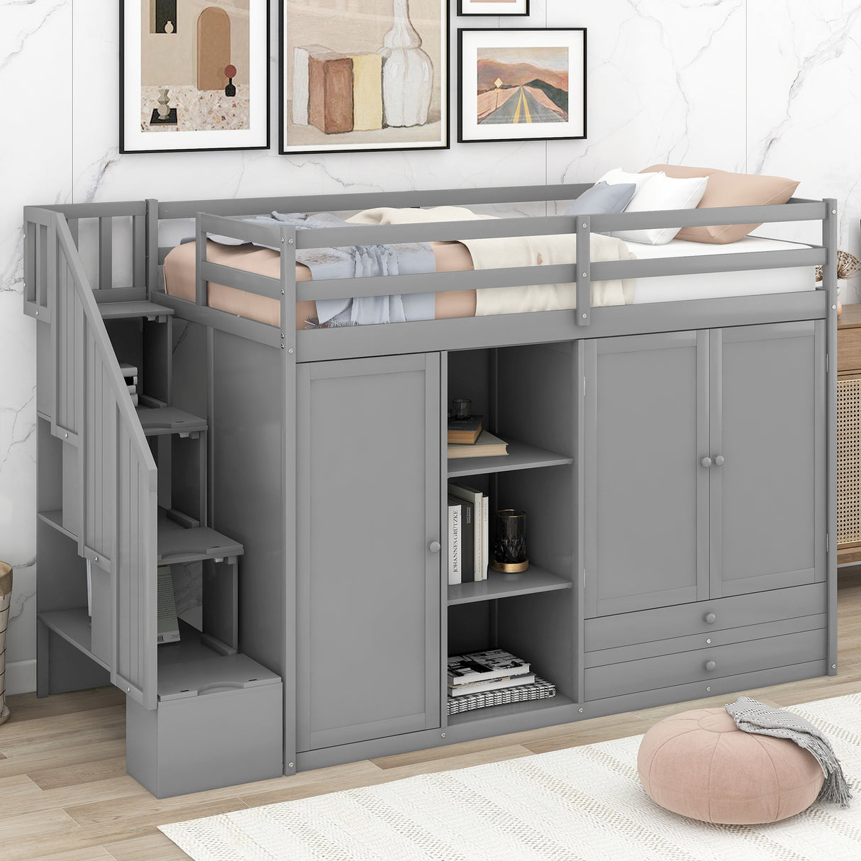 Functional Loft Bed with 3 Shelves, 2 Wardrobes and 2 Drawers, Ladder with Storage, No Box Spring Needed, Gray - Home Elegance USA