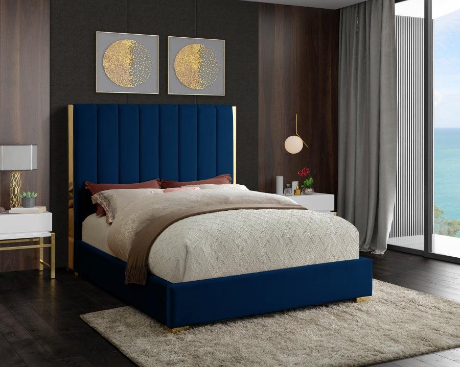 Becca Velvet Queen Bed In Navy - Beccanavy - Q | Meridian | Home Elegance USA
