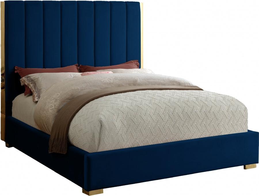 Becca Velvet Queen Bed In Navy - Beccanavy - Q | Meridian | Home Elegance USA