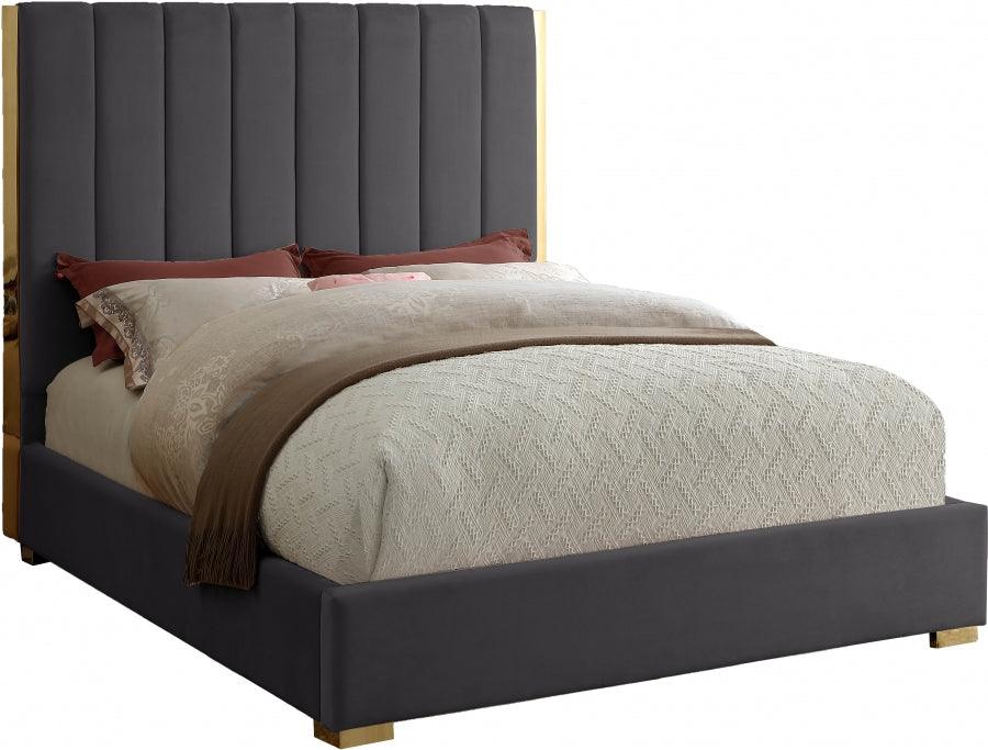 Becca Velvet Queen Bed In Grey - Beccagrey - Q | Meridian | Home Elegance USA