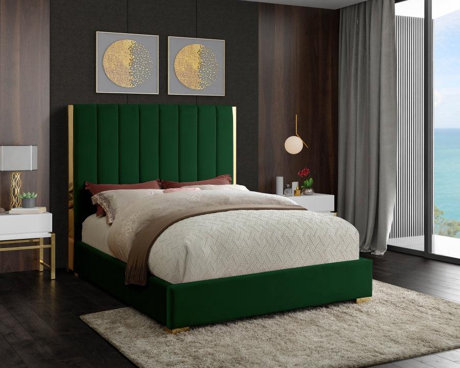 Becca Velvet Queen Bed In Green - Beccagreen - Q | Meridian | Home Elegance USA