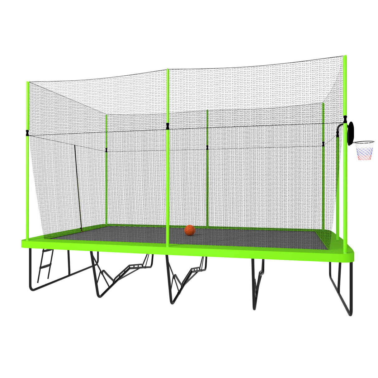 10ft by 17ft Rectangule Trampoline with Green Fabric Black Powder - coated Galvanized Steel Tubes with Basketball Hoop System Advanced Ladder | Home Elegance USA