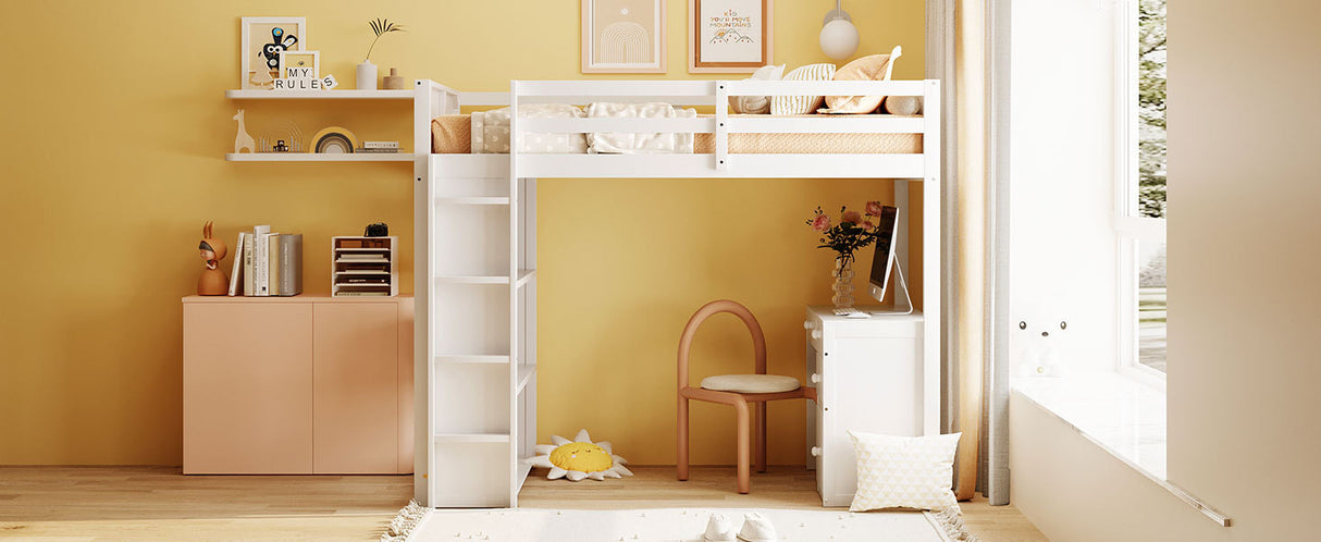 Twin Size Loft Bed with Ladder, Shelves, and Desk, White - Home Elegance USA