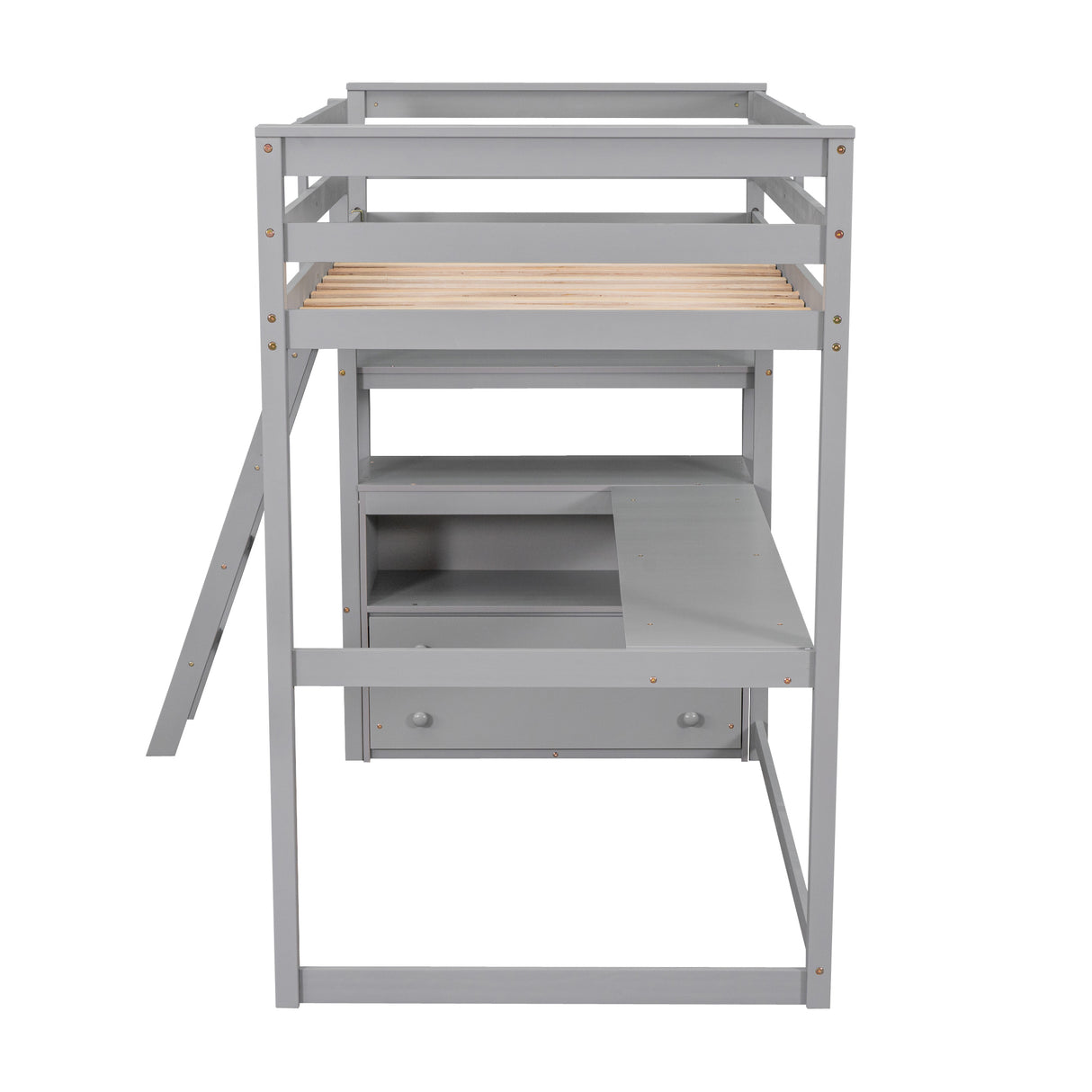 Twin Size Loft Bed with Desk and Shelves, Two Built-in Drawers, Gray(old SKU: GX000803AAE-1) - Home Elegance USA