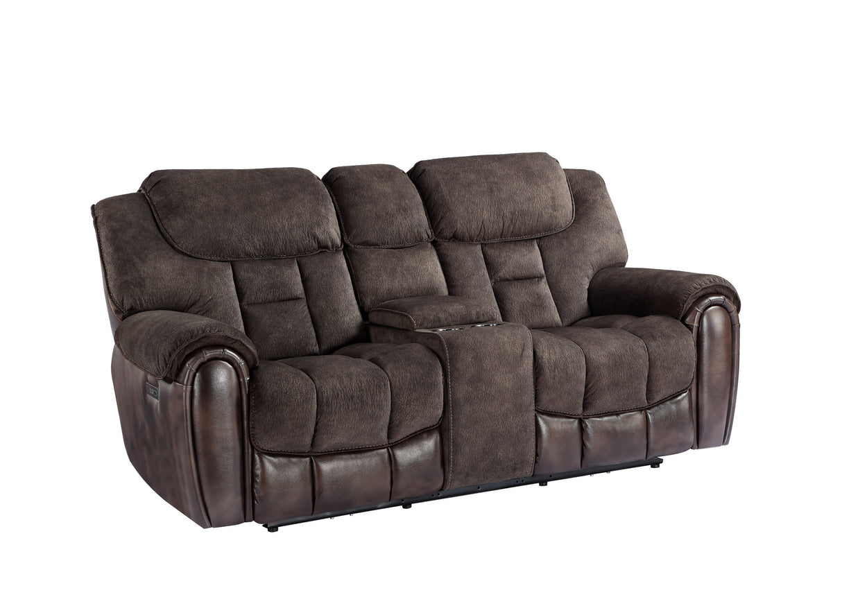 Easy-care Loveseat with Pleated Back - Ultra-Plush Fabric, Leatherette - Multi-Function Drop-Down Console, Pop-Up Charging Station - Complete 3-Piece Set Home Elegance USA