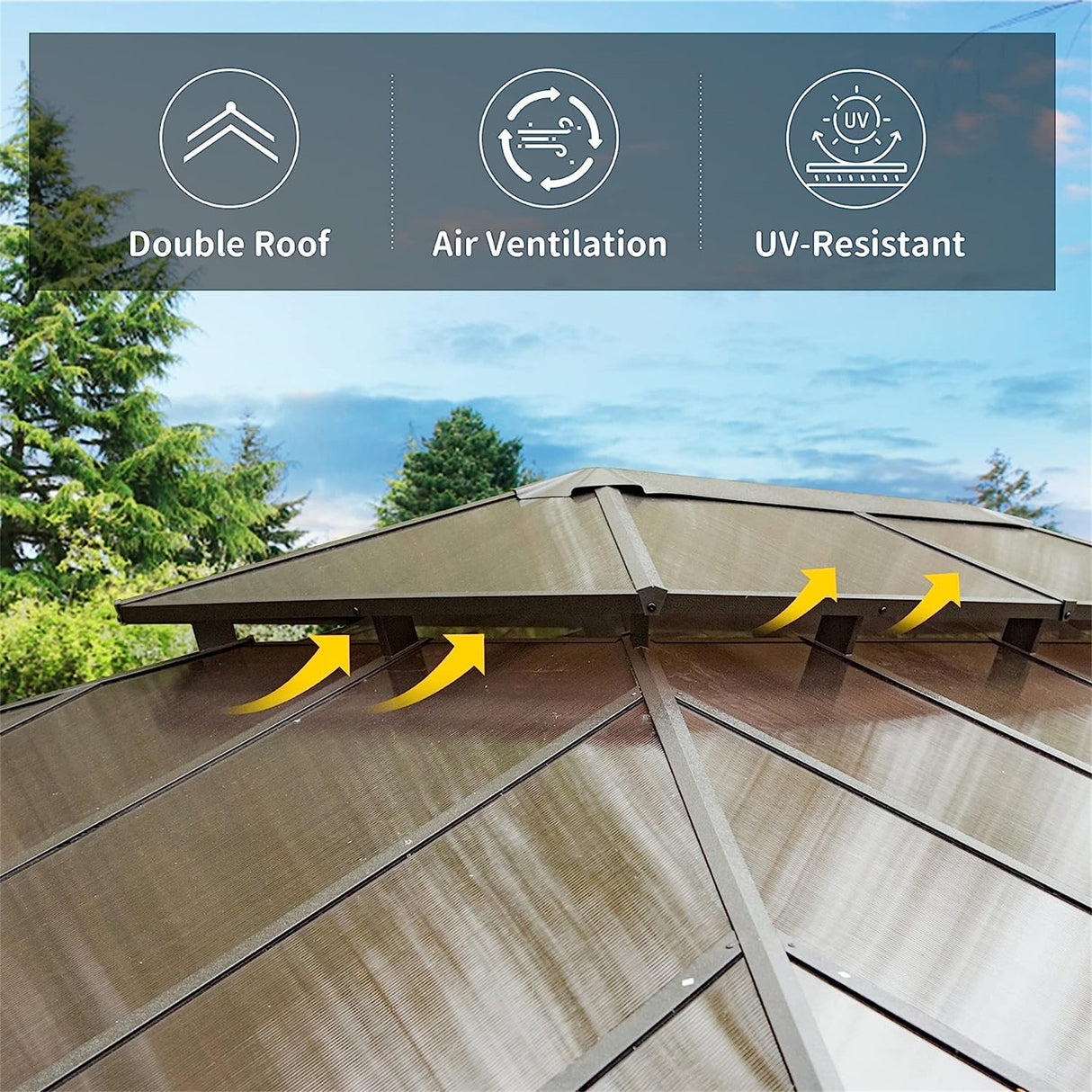 12x16ft Hardtop Gazebo, Permanent Outdoor Gazebo with Polycarbonate Double Roof, Aluminum Gazebo Pavilion with Curtain and Net for Garden, Patio, Lawns, Deck, Backyard, Wood Looking | Home Elegance USA