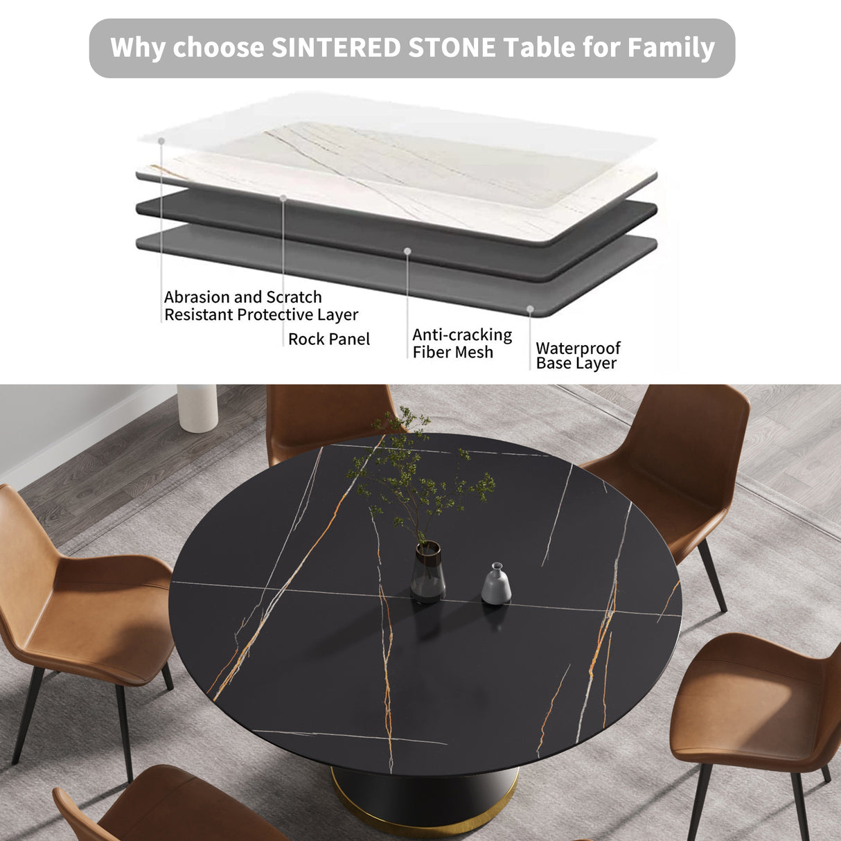 59.05"Modern artificial stone round black carbon steel base dining table - can accommodate 6 people | Home Elegance USA
