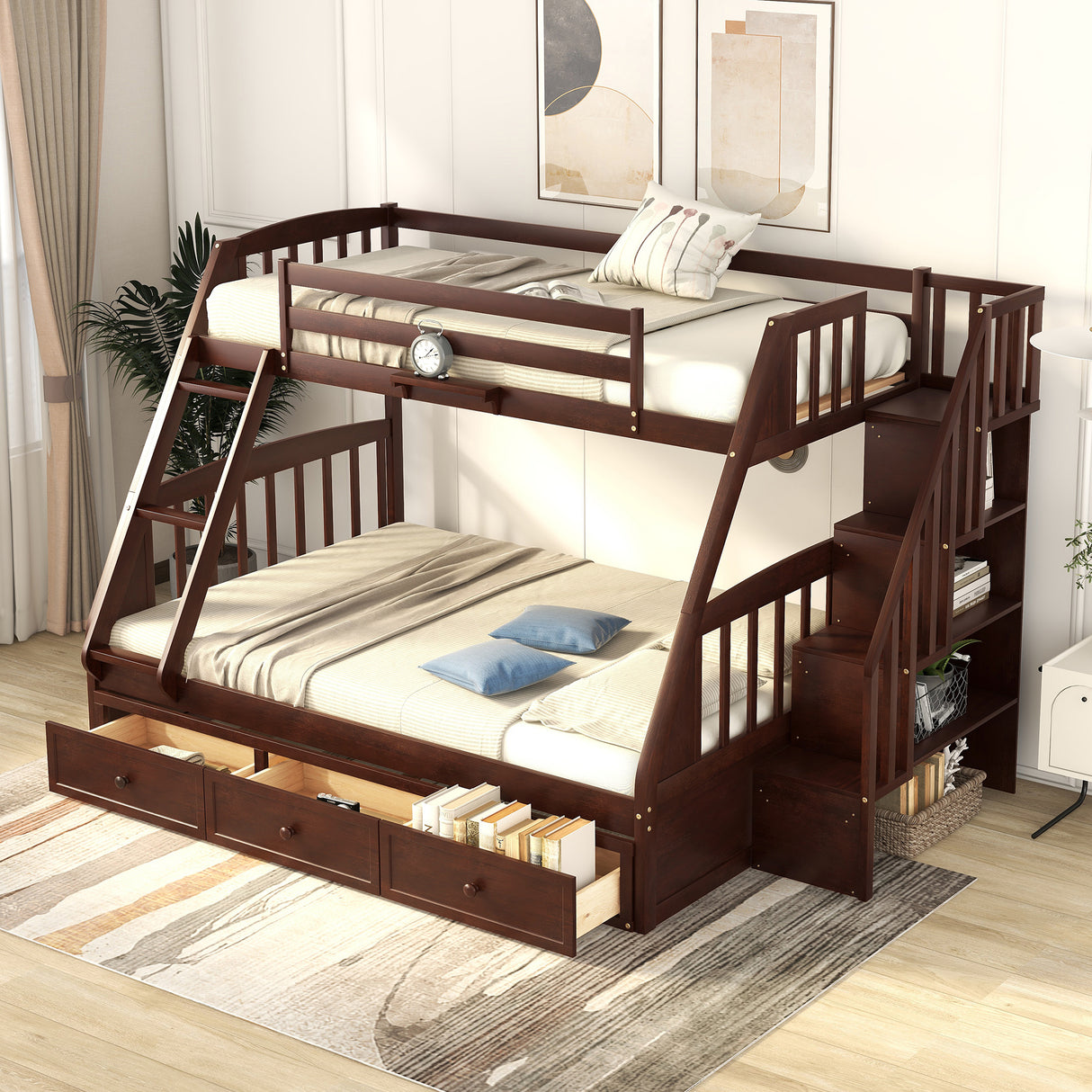 Twin-Over-Full Bunk Bed with Drawers,Ladder and Storage Staircase, Espresso - Home Elegance USA