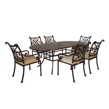 Cast Rose Ebony Aluminum 7-Piece Oval Dining Set With 6 Arm Chairs, Beige