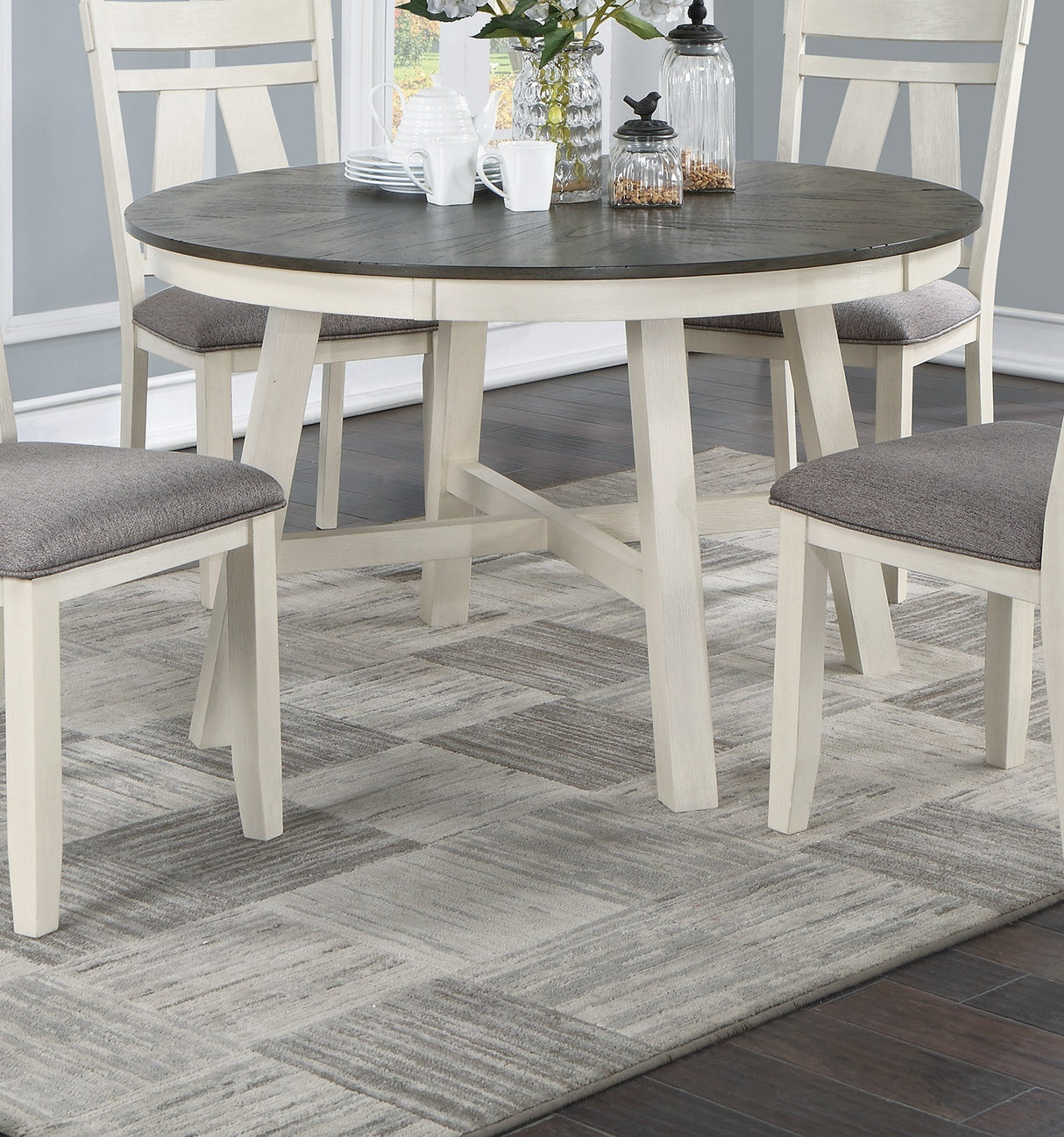 Dining Room Furniture 5pc Dining Set Round Table And 4x Side Chairs Gray Fabric Cushion Seat White Clean Lines Wooden Table Top | Home Elegance USA