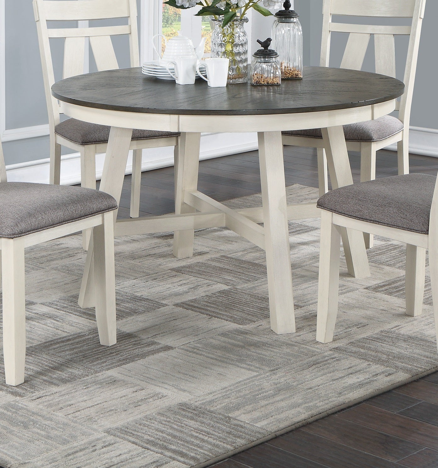 Dining Room Furniture 5pc Dining Set Round Table And 4x Side Chairs Gray Fabric Cushion Seat White Clean Lines Wooden Table Top | Home Elegance USA