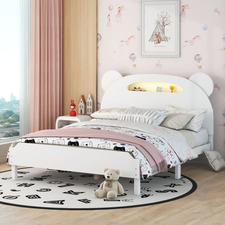 Full Size Wood Platform Bed with Bear-shaped Headboard,Bed with Motion Activated Night Lights,White - Home Elegance USA