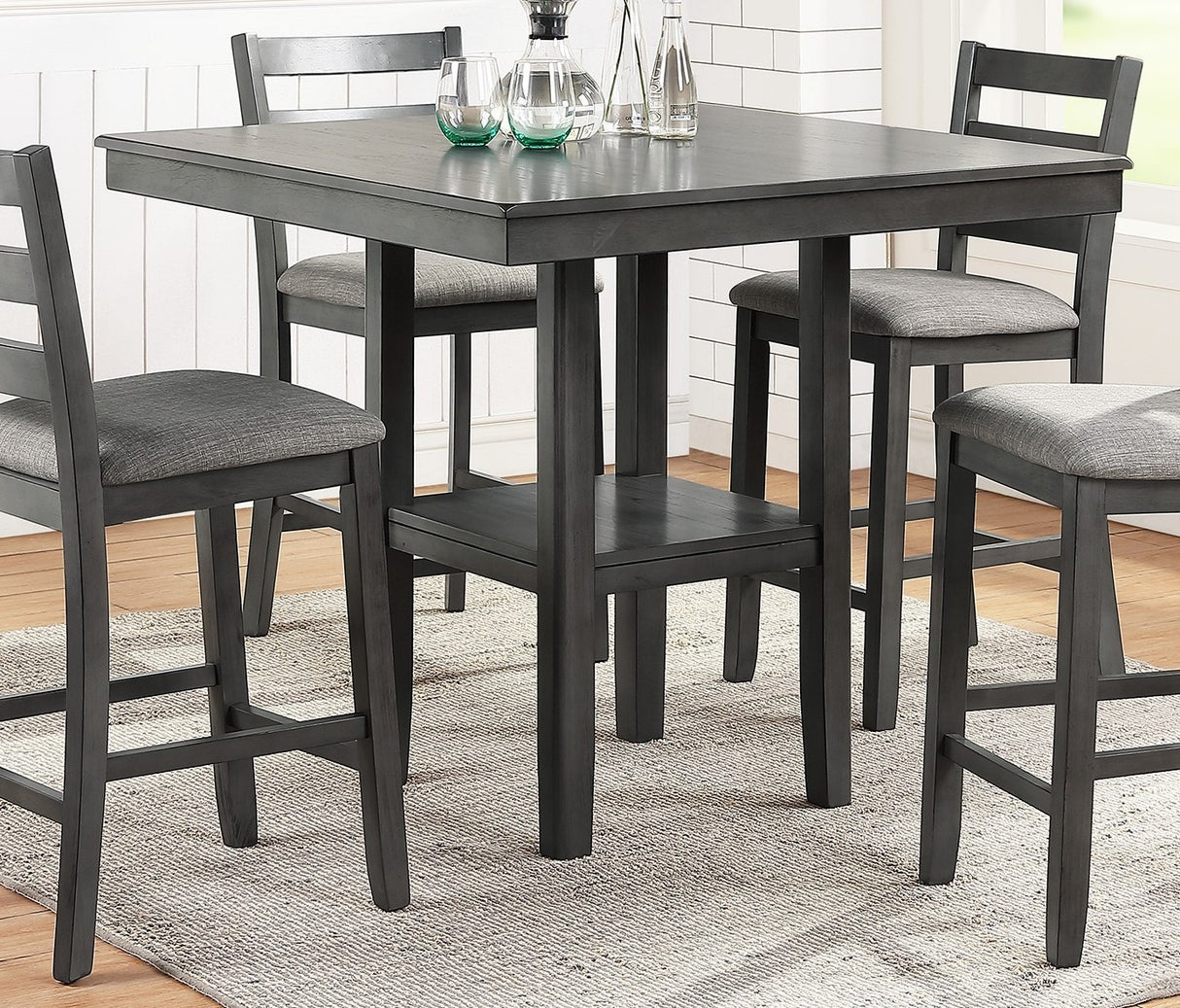 Classic Dining Room Furniture Gray Finish Counter Height 5pc Set Square Dining Table w Shelves Cushion Seat Ladder Back High Chairs Solid wood