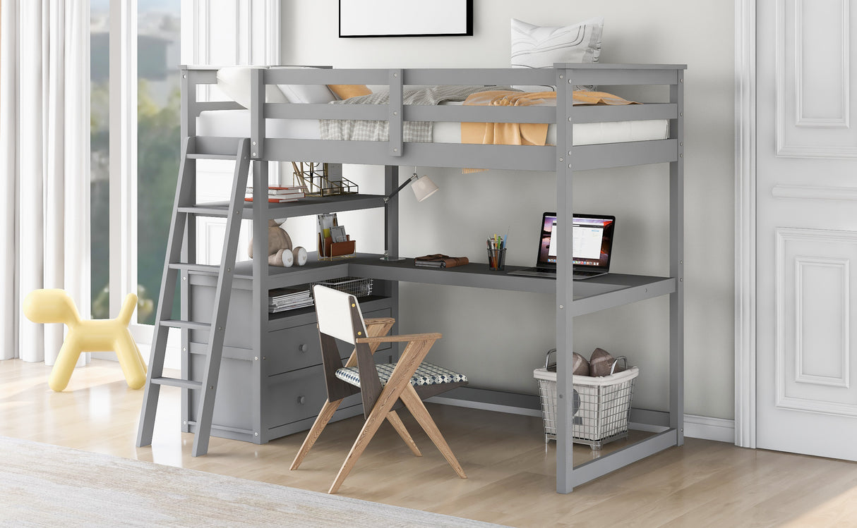 Twin Size Loft Bed with Desk and Shelves, Two Built-in Drawers, Gray(old SKU: GX000803AAE-1) - Home Elegance USA
