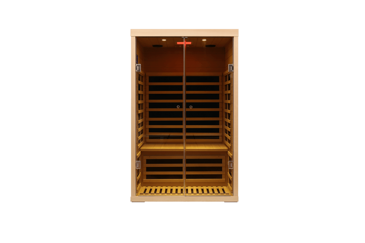 Two person wide space hemlock double doors great glass luxury indoor Far infrared sauna room