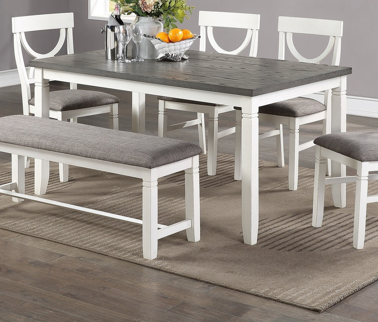 Dining Room Furniture White 6pc Dining Set Table 4 Side Chairs and A Bench Rubberwood MDF | Home Elegance USA