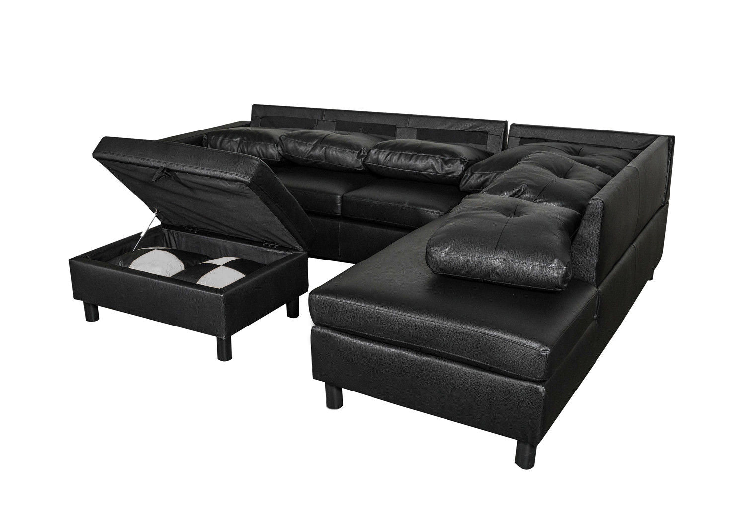 3 PC Sectional Sofa Set, (Black) Faux Leather left - Facing Sofa with Free Storage Ottoman | Home Elegance USA