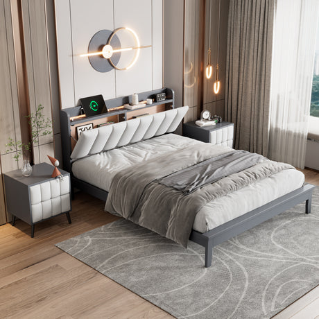 3-Pieces Bedroom Sets,Queen Size Wood Platform Bed and Two Nightstands,Storage Platform bed with USB and LED Lights-Gray+White - Home Elegance USA