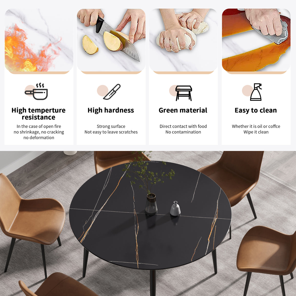 53.15 " modern artificial stone black round dining table with black metal legs - can accommodate 6 people. | Home Elegance USA