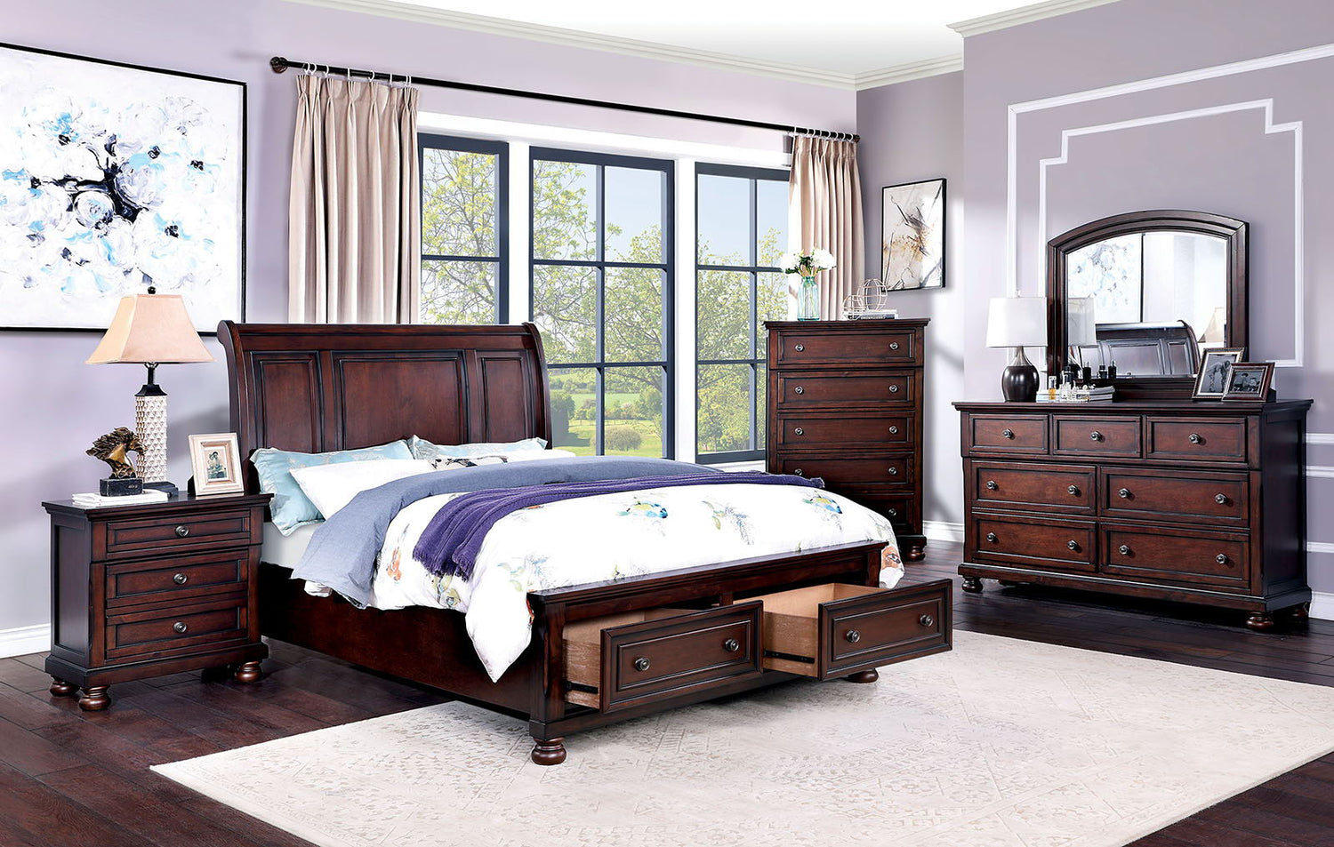 Wells - 5 Piece Queen Bedroom Set With Chest - Dark Cherry - Home Elegance USA