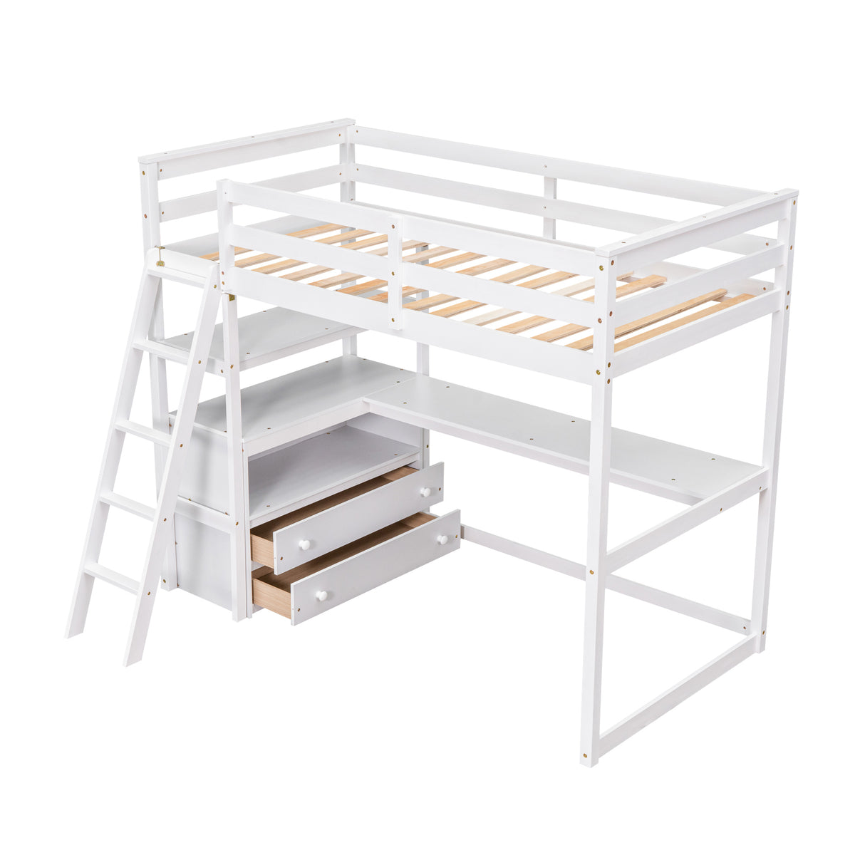 Twin Size Loft Bed with Desk and Shelves, Two Built-in Drawers, White (old SKU: GX000803AAK-1) - Home Elegance USA