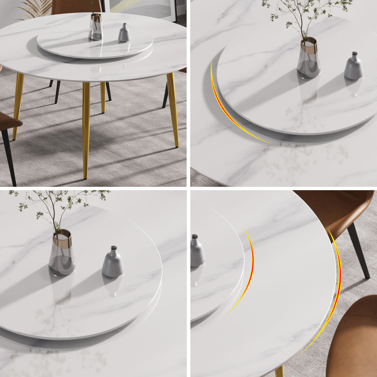 59.05"Modern artificial stone round golden metal dining table - can accommodate 6 people - 31.5"white artificial stone turntable | Home Elegance USA